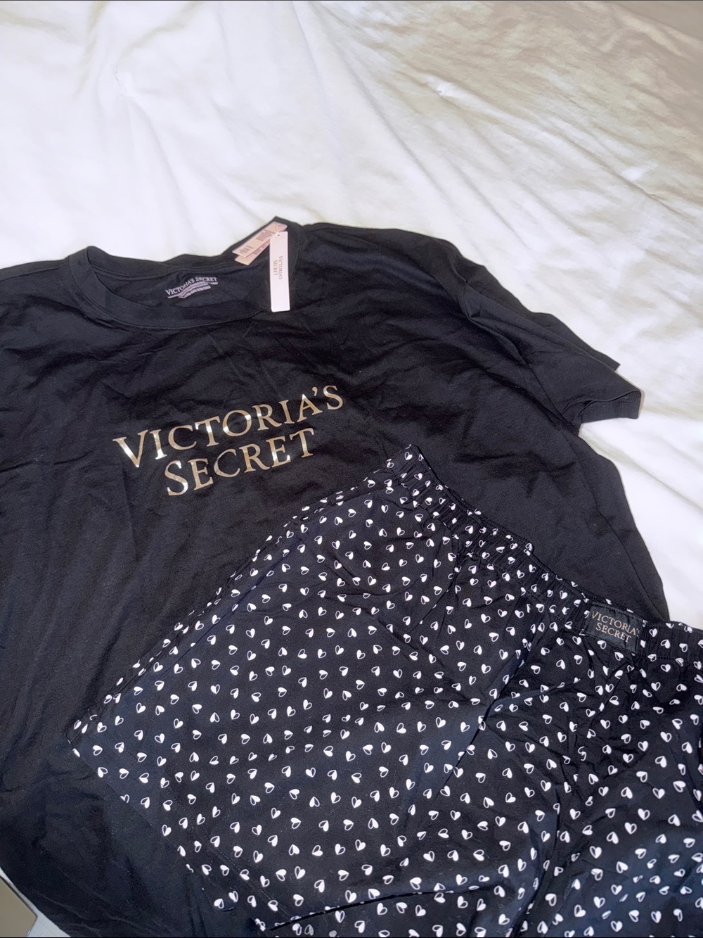 Victoria's Secret Black Tee & Black Heart-Print Shorts Pajama Set